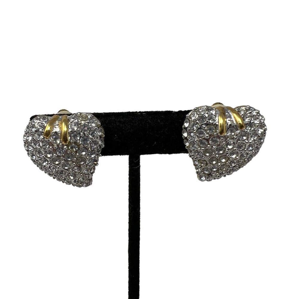 Vintage Heart‎ Earrings Clear Rhinestones Gold Tone Clip On Classic Statement